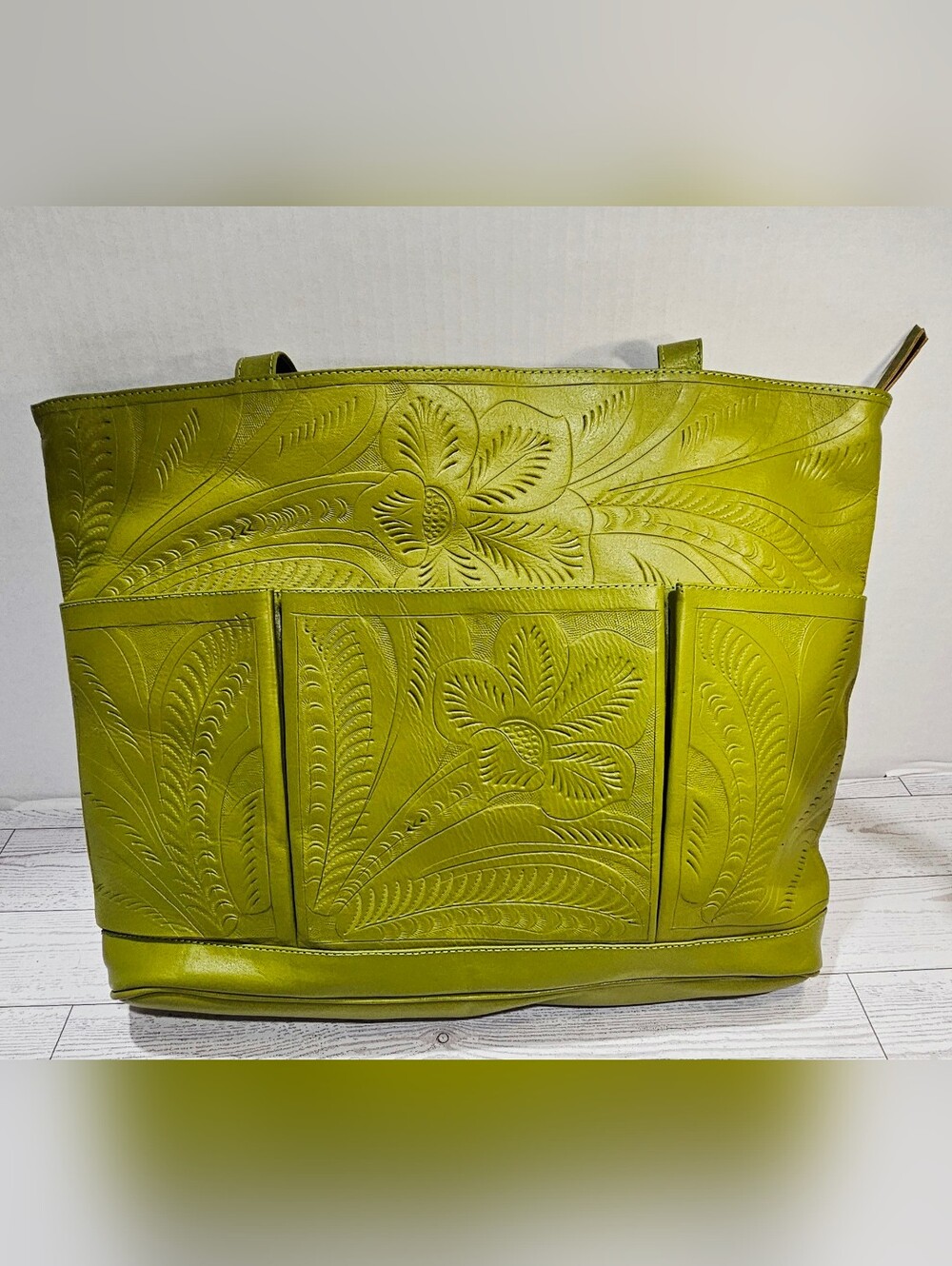 Green Tooled Leather Tote Bag - Stylish Floral Design